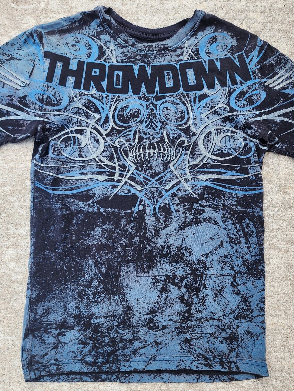Y2K Throwdown By Affliction Cyber Grunge Skull Graphic Tee, Blue and Black Sz S